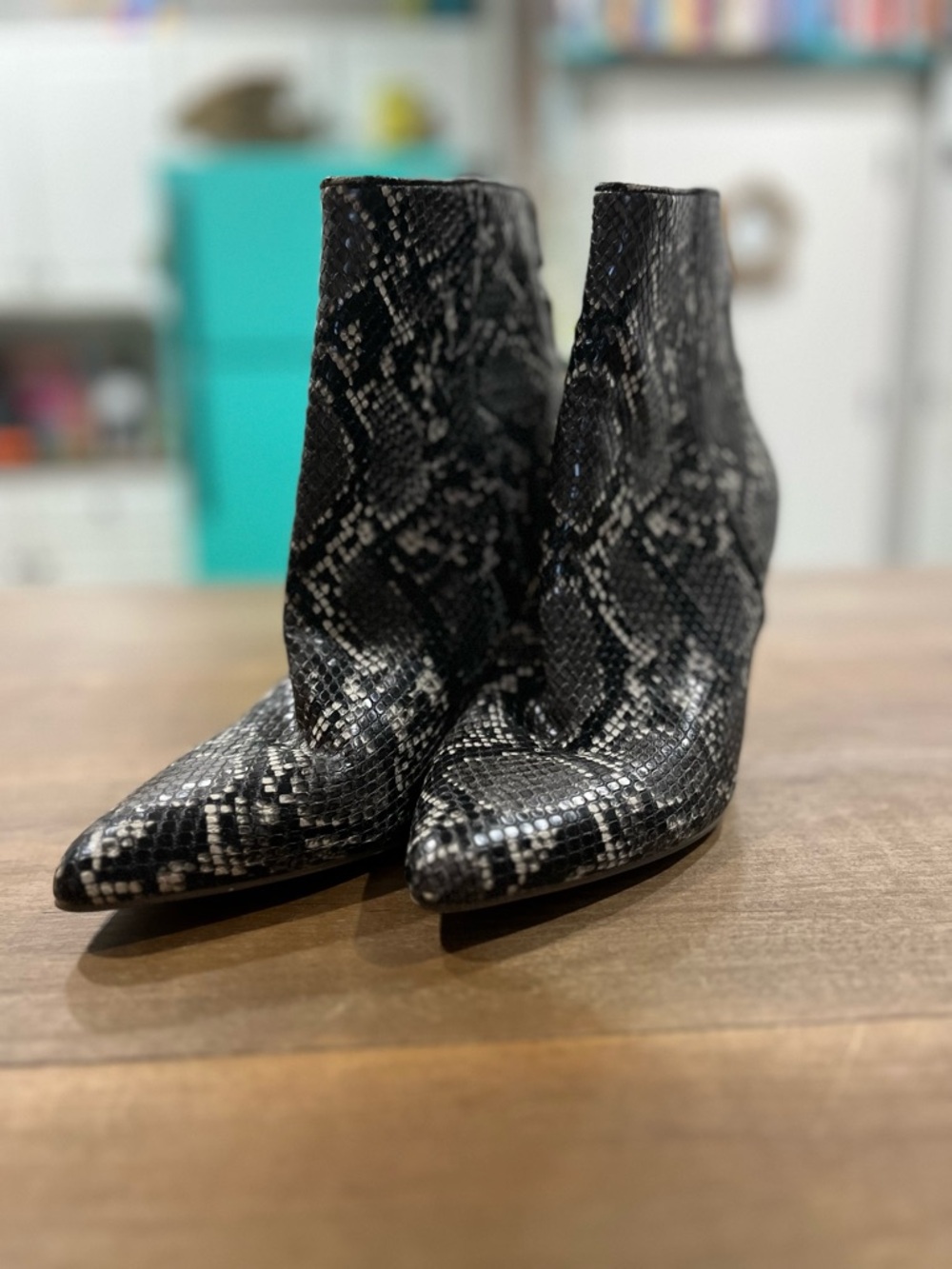 Steve Madden Black Snake-Print Pointed Ankle Booties